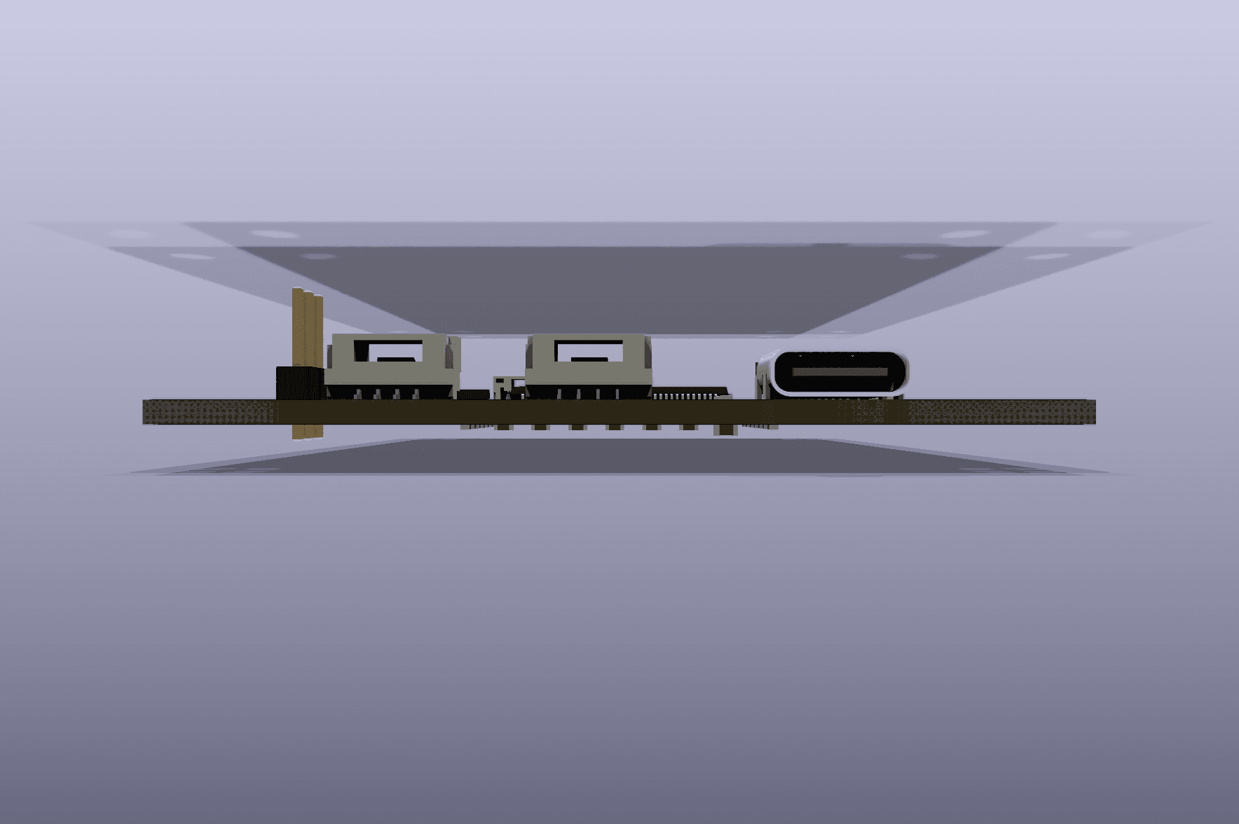 KiCad three-dimensional front-edge render of the digitally placed ARES Flight Computer Rev A board.