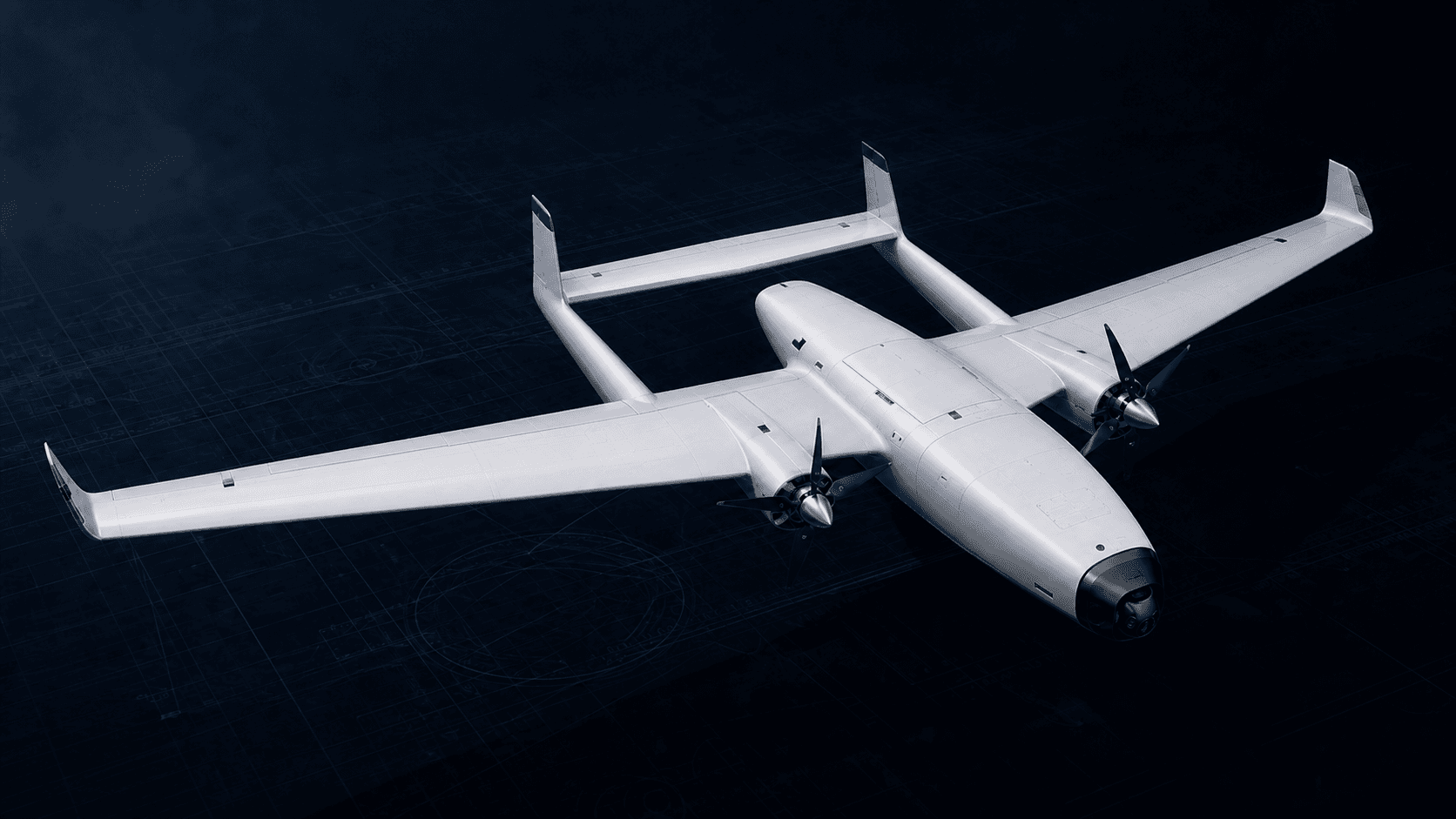 Conceptual white twin-engine ARES fixed-wing research UAV shown in a blueprint studio